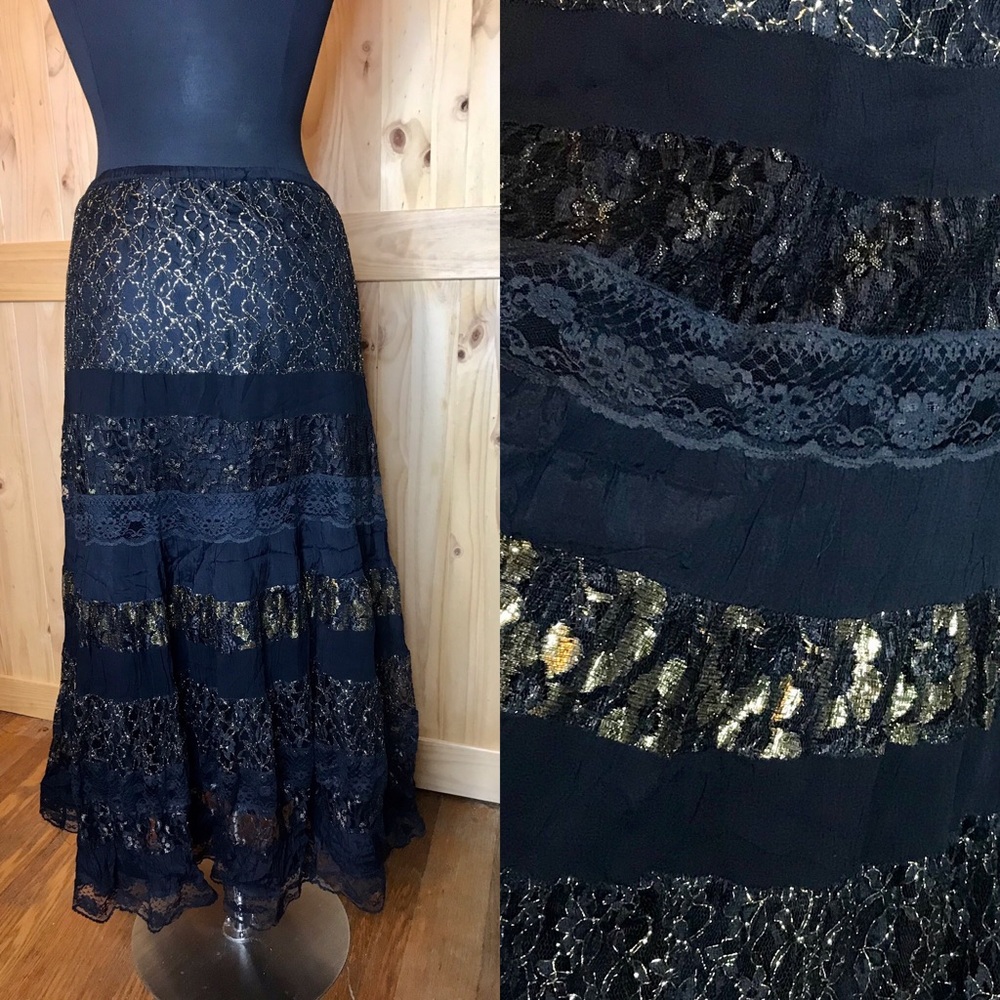 Cache black gold tiered maxi skirt w elastic waist